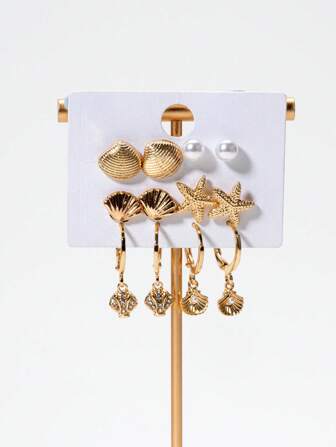 6 paia di eleganti orecchini a perno con conchiglia e stella marina in perle sintetiche, adatti per abbinare i look quotidiani delle donne e come regalo, gioielli