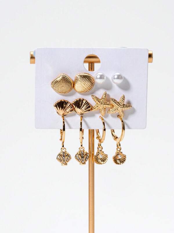 6 Pairs Fashionable Elegant Ocean Series Shell & Starfish Faux Pearl Stud Earrings Set, Suitable For Ladies' Daily Outfit Matching And Gift, Jewelry