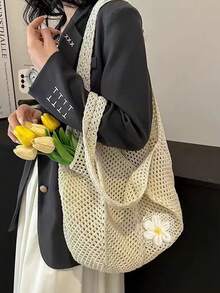 春季新款女士编织包，时尚托特包手提包单肩网袋，时尚百搭沙滩旅行包 - 米色 - 查看 2