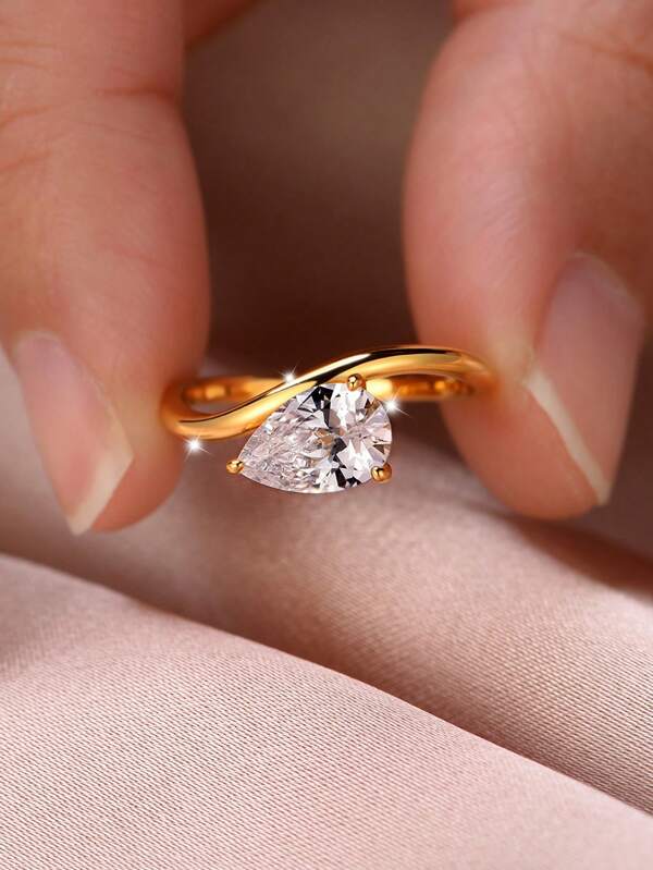 1 anel feminino de zircônia em formato de lágrima banhado a cobre, estilo europeu e americano, elegante, para noivado, pedido de casamento, acessório diário, aniversário, presente de feriado