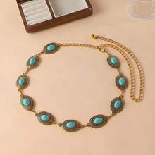 Women's Metal Chain Belt With Turquoise Oval Waistband - 金色 - 查看 2
