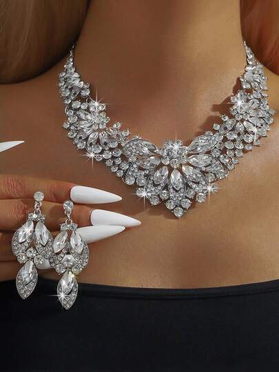 3pcs Minimalist Fashionable Exaggerated European And American Style Zinc Alloy Jewelry Set With Rhinestone, Necklace For Women, Party Evening Dress Bridal Accessories