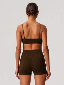 Sodalemon Women 2Pcs Fitness Sets Backless Padded Sport Bra No Front Seam Outdoor Cycling Shorts Elastic Gym Training Sport Set - màu nâu - Xem 3