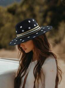 1pc Fashion Women's Black Cowboy Hat With Baby's Breath Flower Embellishment Design Western Cowboy Hat Top Hat For Banquet Afternoon Tea