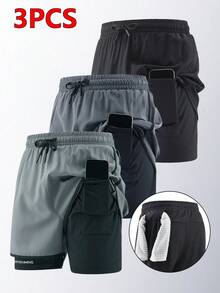 3pcs Summer Men's Quick-Dry Sports Shorts, Running Training Fitness Gym Biking Shorts Black - Black - View 6