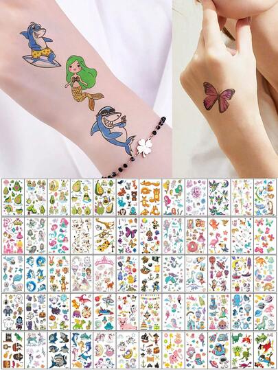 60 piezas de adhesivos temporales para tatuajes falsos, con diversos diseños lindos de patrones de dibujos animados como aguacate, océano, sirena, tiburón, princesa, perfectos para decoración corporal diaria, fiestas y suministros de accesorios