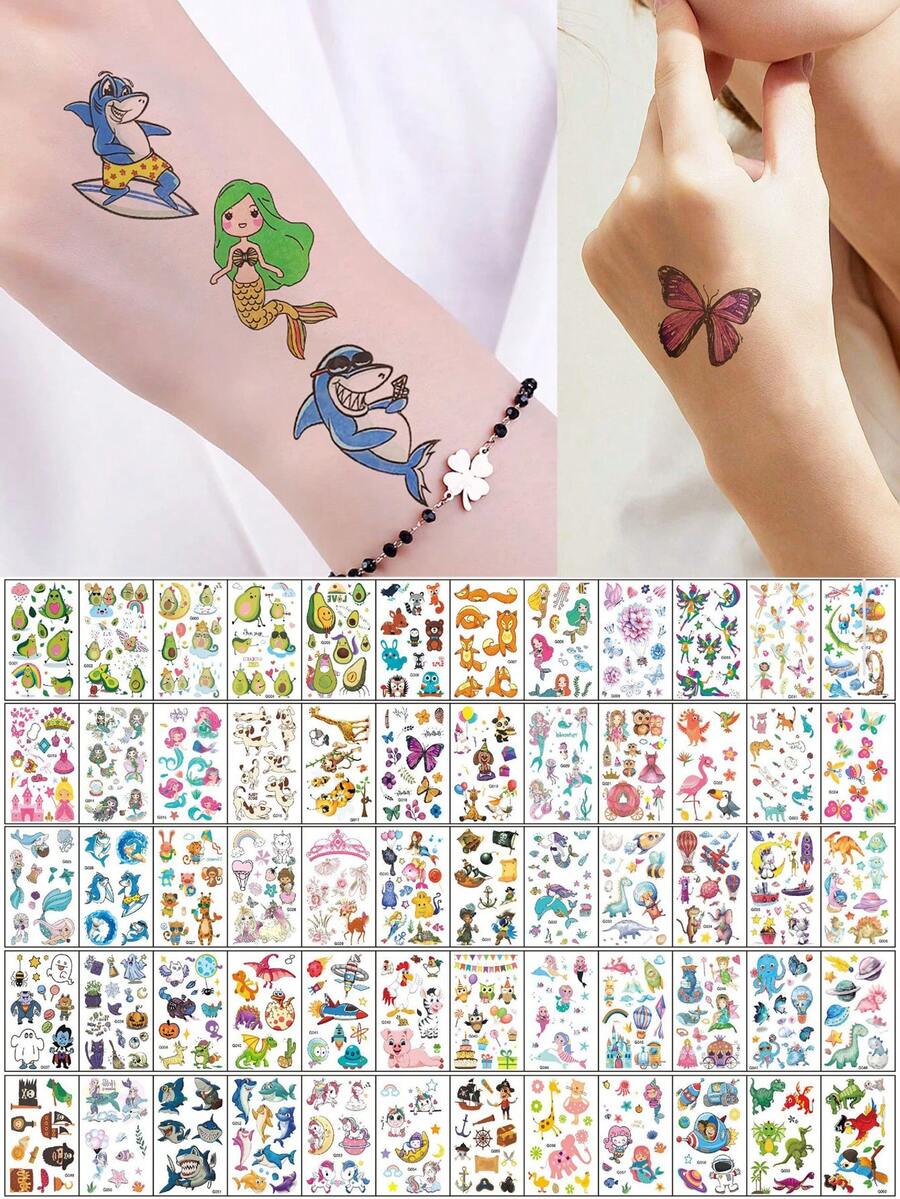 60pcs Temporary Fake Tattoo Stickers, Avocado Ocean Mermaid Shark Princess Various Cute Cartoon Patterns Tattoo Stickers Perfect For Daily Party Body Decoration, Party Accessory Supplies - Multicolor - View 1