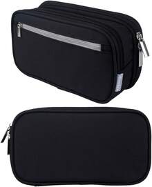 Large Capacity Pencil Big Storage Pencil Bag Pouch 3 Multifunctional Compartment Pen Marker Cases Holder Portable Office Stationery Organizer Supplies Makeup Bag, Black - 黑色 - 查看 7