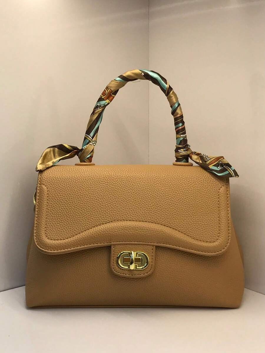 Women's Elegant Gold Padlock Closure Quilted Handbag With Matching Silk Scarf