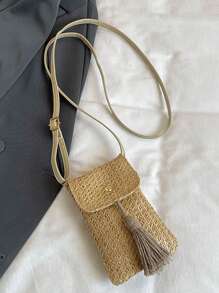 Borsa a spalla mini chic da spiaggia estiva - leggera in poliestere intrecciato con cinturino regolabile, borsa a tracolla piccola e dolce, borsa da spiaggia estiva accattivante, chiusura magnetica e dettaglio a nappina in colori uniti