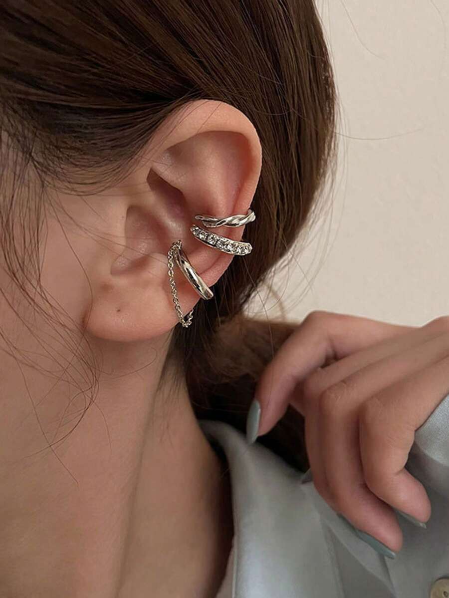 Bộ 3 khuyên tai kẹp cá nhân hóa kiểu cổ điển, dành cho nữ không xỏ lỗ tai, bộ sưu tập khuyên tai tối giản sang trọng. - Tua rua 3 mảnh màu bạc - Xem 1
