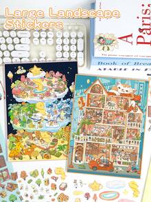 2/1pc Extra Large Decorative DIY House Stickers, Scene Stickers, 3D Miniature House Stickers, Landscape Stickers, Scenery Stickers, Handbook Stickers, Classified Sticker Small House Scenes, Reusable, Multiple Sizes Available - Multicolor - View 11