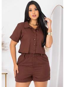 Conjunto feminino linho de short e blusa manga curta - Marrom - Visão 3