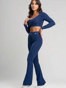 Conjunto Fitness Bailarina Academia Top Manga Longa Legging Flare Suplex Zero Transparência Feminina - Azul Marinho - Visão 2