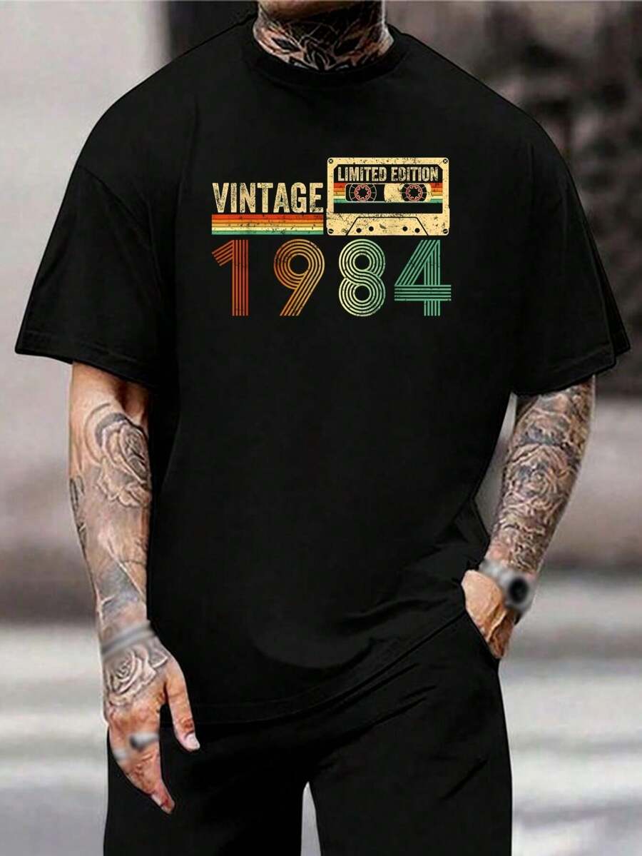 Camiseta vintage de manga corta para hombre - Edición limitada con estampado de cinta de casete - Regalo para amantes de la música retro de los 80 - Cómoda camiseta de cuello redondo - Ropa casual para hombre - Negro - Ver 1