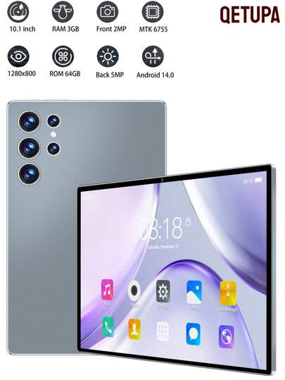 Qetupa جهاز لوحي أندرويد 14 بحجم 10.1 بوصة، ذاكرة وصول عشوائي 3 جيجابايت وذاكرة تخزين 64 جيجابايت، معالج رباعي النواة MTK 6755 بسرعة 1.3 جيجاهرتز، شاشة لمس IPS عالية الدقة (1280x800)، بلوتوث 5.2 وواي فاي 802.11ac، نظام تحديد المواقع العالمي، كاميرا أمامية 2 ميجابكسل وكاميرا خلفية 5 ميجابكسل، بطارية كبيرة سعة 6000 مللي أمبير، لا يدعم بطاقة SIM، مناسب للقراءة والألعاب