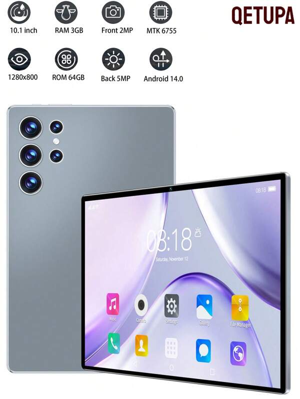 Qetupa Tablette Android 14 de 10,1 pouces Z50, 3 Go de RAM + 64 Go de ROM, processeur quadricœur MTK 6755 à 1,3 GHz, écran tactile HD (1280x800) IPS, Bluetooth 5.2 et WiFi 802.11ac, GPS, caméra avant 2 MP et caméra arrière 5 MP, batterie grande capacité de 6 000 mAh, pas de prise en charge de la carte SIM