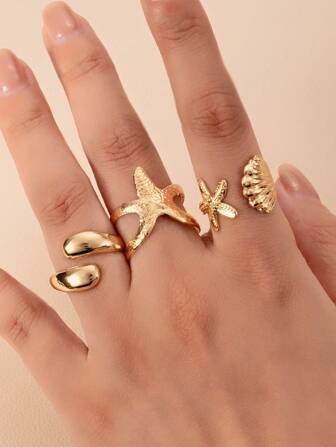3 件套夸张时尚个性化海洋元素金属夏季随机纹理贝壳和海星戒指，适合女士，完美的度假和搭配配饰
