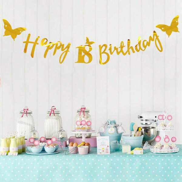Pancarta de fiesta de cumpleaños con números y letras en color dorado: 18, 30, 40, 50, 60