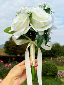 1PC Bridal Bouquet For Wedding; Lace Ribbon Tied Artificial White Rose Flower; Wedding Home Decoration; Wedding Ceremony; Bride's Hand-Held Flower; Church Wedding Ceremony Bridesmaid Prop; Outdoor Wedding Party Photography Decoration Prop