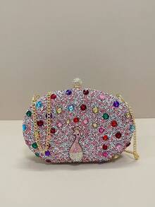 Rhinestone Embellished Pink Evening Clutch Bag With Detachable Gold Chain, Luxury Shiny Mini Evening Bag For Women, Suitable For Formal Party, Banquet, Prom, Wedding, Cocktail Party. Can Be Paired With Party Dresses, Evening Gowns, And Sequin Outfits. - Pink - View 6