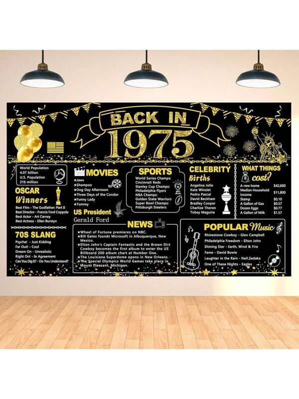 50th Birthday Black Gold Party Decoration, Back In 1975 Banner 50 Year Old Birthday Party Poster Supplies Vintage 1975 Backdrop Photography Background For Men & Women 50th Class Reunion Decor