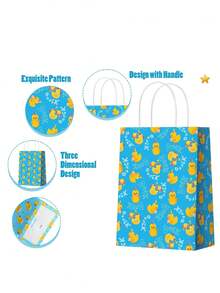 6/12 pièces Sacs en papier jaunes avec poignées, sacs cadeaux de canard en caoutchouc pour bonbons, fêtes, anniversaires. Fournitures de fête de canard bleu - Multicolore - View 3