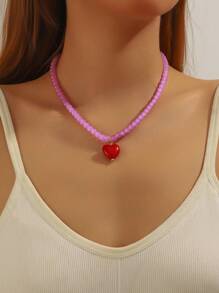 1pc Fashionable Minimalist Glass Bead Necklace With ABS Plastic Heart Charm, A Gift Or Everyday Wear