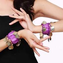 1 par de brazaletes de danza del vientre vibrantes - Accesorios de disfraz de danza coloridos con monedas tintineantes, campanas y patrones florales, perfectos para actuaciones y eventos de danza folclórica, accesorios de danza | Accesorios coloridos | Monedas decorativas, ropa de danza exótica