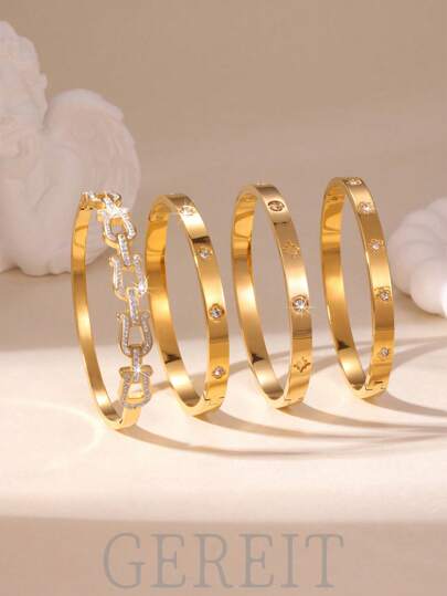 GEREIT 1 Stück 18K Gold Edelstahl Blume, Sonnenblume, Kleeblatt, Zirkonia Schlichte Armreif Armband für Frauen