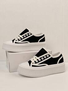 Lace-Up Round Toe White Sneakers, Versatile Thick Sole Casual Shoes, Preppy Style Canvas With Contrasting Trim, Suitable For Beach, Office, Home, All Seasons - Black - View 5