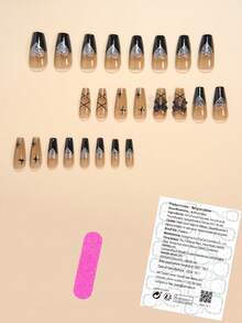 Upgrade Your Look With Y2K Style! 24pcs Ballet Nail Tips Set In Long Length, Black Color And Fashionable French Ombre Press On Nails Gradients With Geometric Lines, Stars And 3D Bows And Hearts Embellished With Glitters. Sweet, Elegant, Luxury, Cute Style With Light Therapy Function. Detachable False Nails For Holiday, Party, Date, Daily Wear. Jelly Gel Random Shipment - Black - View 2