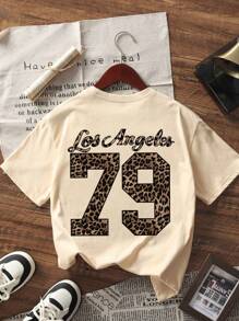 1 szt. Koszulka z krótkim rękawem dla dziewczynki z nadrukiem w panterkę, wygodna i modna letnia bluzka dla młodych uczniów