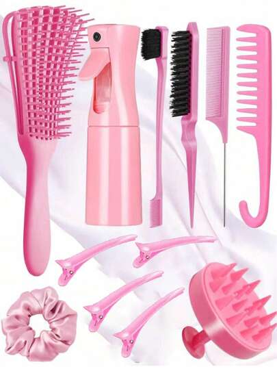 12 Piece Set/Fashion Girl's Wet And Dry Dual-Use Octopus Comb Set, Including Pointed Tail Comb, Mouse Tail Comb, Edge Comb, Hair Brush, Hair Clip, Hair Ring, Wide Toothed Comb; (6.8 Oz/200 Ml) Multi-Functional Small High Pressure Continuous Spray Moisturizing Travel Makeup Bottle, Suitable For Family And Outdoor Travel, Is The Best Personalized Gift During The Festival, Including Hairpin, Hairdressing Set, Gifts And Hair Accessories., Head Accessories