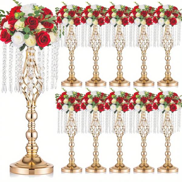 2/6/10pcs Gold Metal Vase Crystal Flower Stand Wedding Centerpiece Decor, Dining Table Decor For Party, Banquet, Restaurant, Hotel Summer Birthday Gifts Beach Back To School School Supplies Room Decor