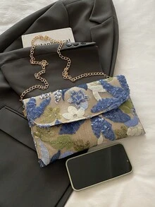 亮片刺繡花卉信封手拿包，女款時尚亮片拼接手提包，派對晚宴包，隨機剪裁，適合女性，完美搭配派對、婚禮、舞會，適配節日派對洋裝、晚禮服與亮片洋裝 - 藍色 - 查看 6