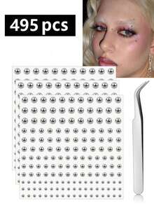 1650/1320/825/495/330/165件 3-6毫米镀银亚克力 Y2K 性感身体首饰贴纸 + 镊子，假鼻环耳钉贴纸，假眉环和唇环非穿孔身体首饰，适合派对和音乐节的面部宝石 - 銀色 - 查看 16