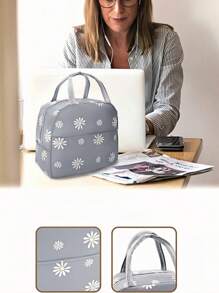 1/2 Stücke, Isolierte tragbare Lunch Box Aufbewahrungstasche, isolierte Lunch Box Tasche, tragbare Bento-Tasche, isolierte Lunch Box Tasche, Schüler Bento-Tasche, isolierte Lunch-Tasche für Damen, süße wiederverwendbare Handtasche Lunch Box für Erwachsene und Herren, auslaufsichere gekühlte Lunch-Tasche für Büro, Reisen, Schule, Picknicks (Grau mit weißer Gänseblume), geeignet für Rückkehr zur Schule, Outdoor-Picknicks, Camping, Einkaufen, Reisen, Büro- und Schulgebrauch