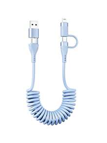 4合1馬卡龍色伸縮彈簧數據線，車用快充短線，USB轉Lightning/Type-C與Type-C轉Lightning/Type-C充電線，兼容 16/15/14/13/12/11 Pro Max/CarPlay/Honor/（最大拉伸長度1.2m） - 彩色 - 查看 12