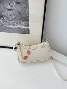 新款时尚经典小丑纯色PU防水面料单肩法棍包，草莓金属链条装饰腋下包，优雅手提包，商务通勤包，适合旅行、购物、派对、节日庆典 - 白色 - 查看 4