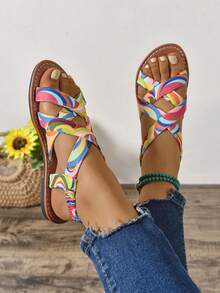 多色系带平底女式休闲凉鞋，时尚百搭户外凉鞋