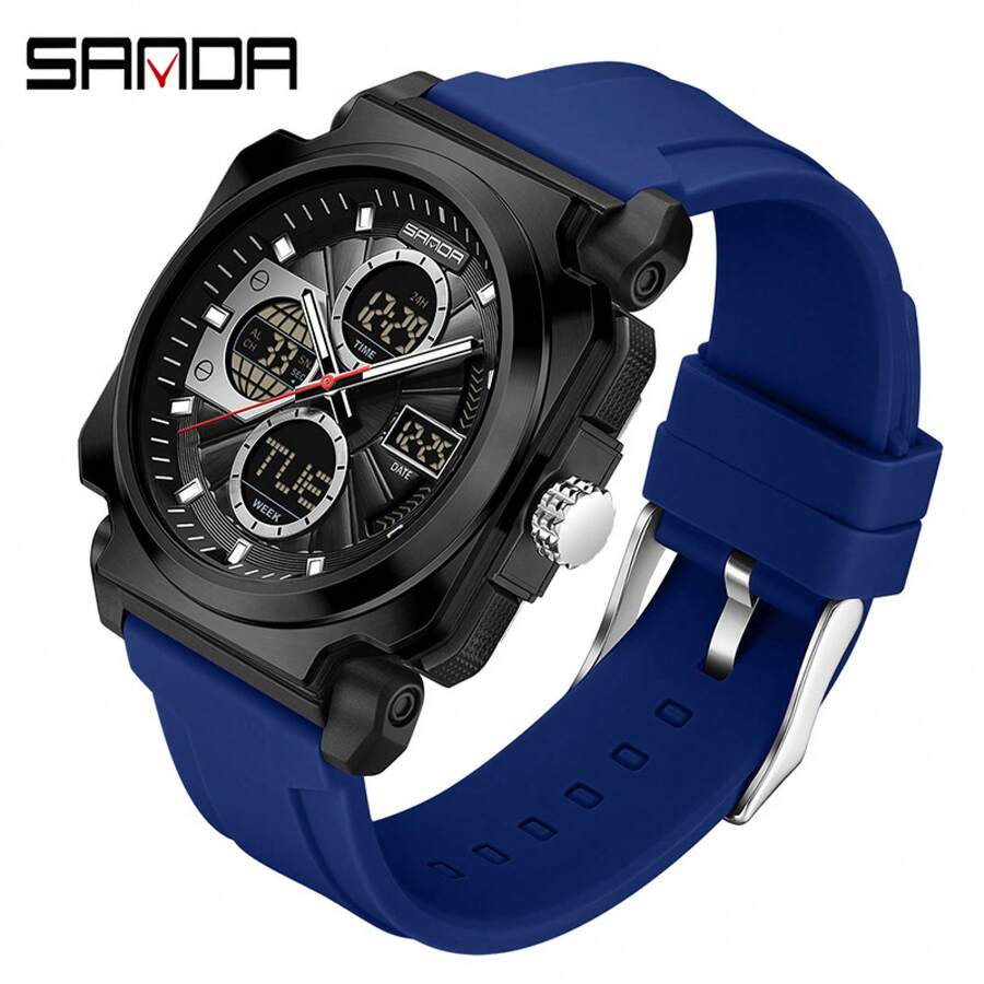 Multi-Functional Sports Models Electronic Watch Dual Display Electronic Watch Leisure Men's Waterproof Watch - Dark Blue - View 1