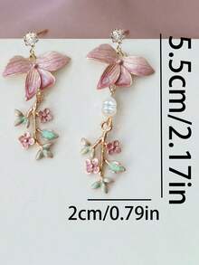 2pcs Flower Pearl Leaf Tassel Earrings, Fashion Sweet Cherry Blossom Earrings Suitable For Women Daily, Beach, Party, Anniversary Wear, Jewelry Gift - 彩色 - 查看 5