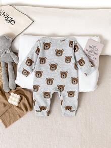 Baby Boy Cute Bear All-Over Print Zipper Jumpsuit - Grey - View 3