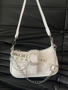 Y2K 风格小号单肩包磁性密封，PU 材质，涤纶衬里，链条肩带，朋克风格设计，非常适合购物和拍照。