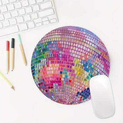 1pc Pink & Silver Round Mouse Pad, Cute Desktop Mat, Non-Slip Rubber Base, Keyboard Pad, Suitable For Home Office Decor, 7.8*7.8 Inches. Can Be Given As Christmas, Halloween Gift To Female, Girlfriend, Male Friends.
