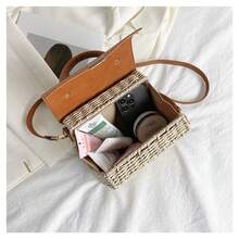 Square Woven Beach Bag, Contrast Color Stitching, Textured Crossbody Bag For Women