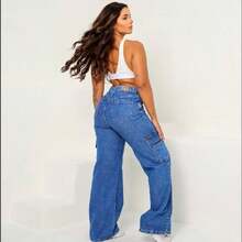 Women's Wide Leg Cargo Jeans High Waist - 藍色 - 查看 7