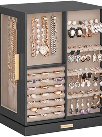 360° Rotating Jewelry Box With 5 Drawers, Side Glass Window, Large Size, Accessory Storage, Open Design, Slate Gray For Women Storage Organizer Travel Essentials For Women Storage Organizer Travel Essentials Gift Back To School