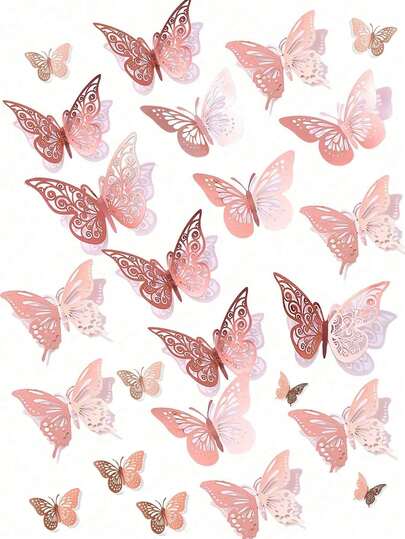 蝴蝶墙饰，粉色蝴蝶生日装饰粉色房间装饰蝴蝶派对装饰蛋糕装饰，可移除墙贴（粉色）-蛋糕装饰